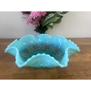 Vintage Blue Milk Glass Bowl Ruffled Edge Scroll Pattern Candy Dish MCM Art